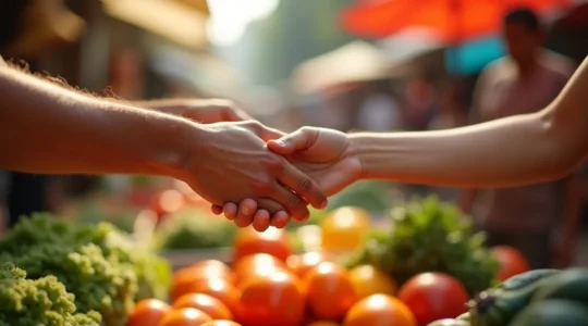 Une main tend une pièce de monnaie à un producteur local dans un marché animé, symbolisant l'échange humain et la richesse d'une expérience authentique.