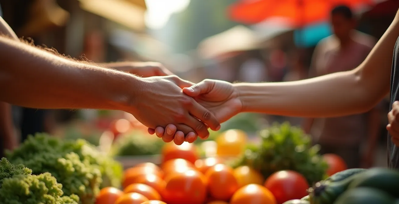 Une main tend une pièce de monnaie à un producteur local dans un marché animé, symbolisant l'échange humain et la richesse d'une expérience authentique.