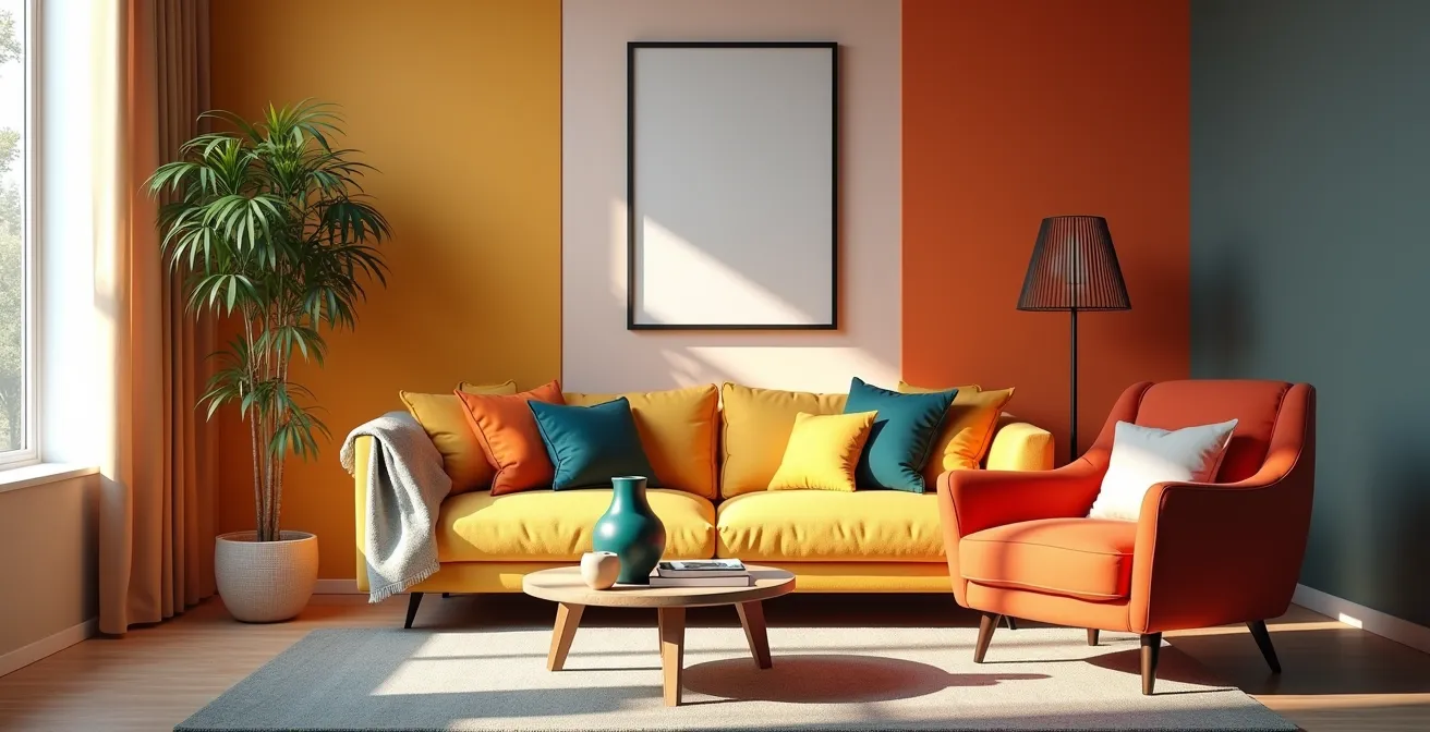 Intérieur moderne élégant avec accents de couleur vibrants soulignant des éléments décoratifs clés