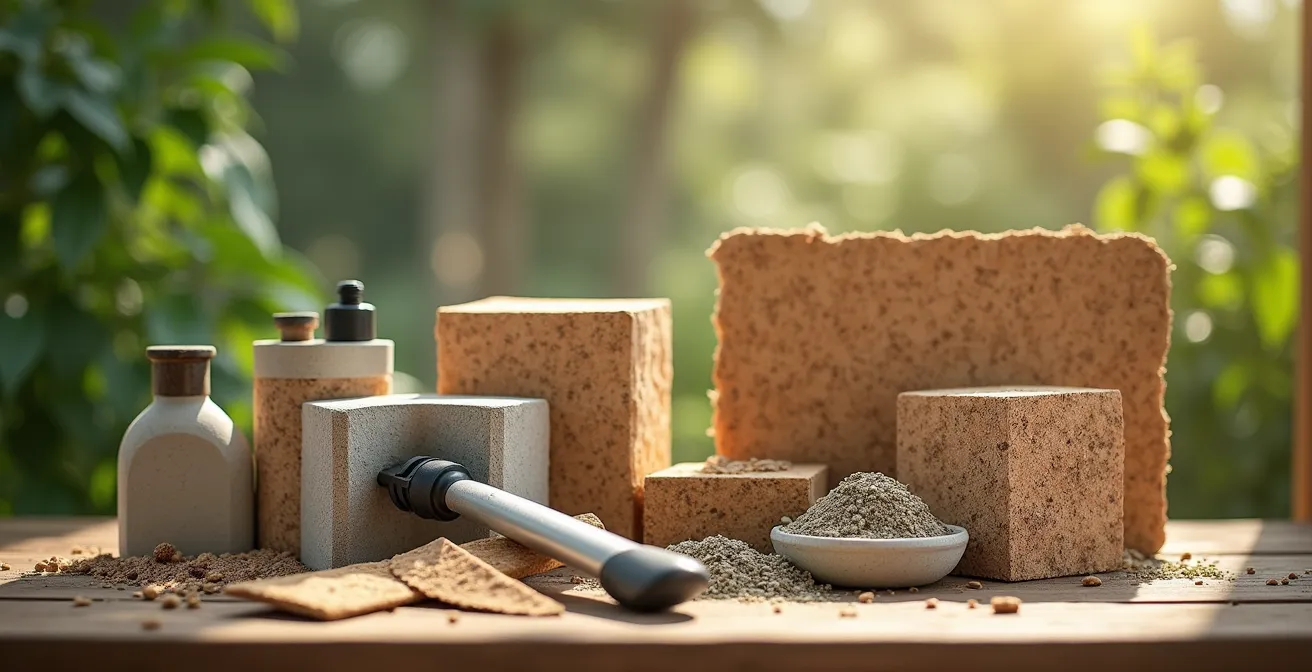 Matériaux écologiques comme béton de chanvre, liège et argile posés ensemble illustrant leur utilisation en rénovation durable au Canada