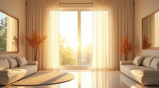 Intérieur lumineux avec lumière naturelle inondant une pièce à travers une grande fenêtre, mettant en valeur un décor chaleureux et des éléments réfléchissants