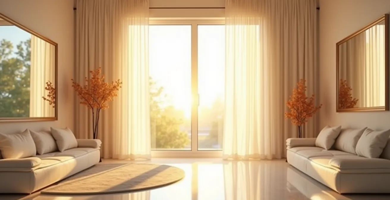 Intérieur lumineux avec lumière naturelle inondant une pièce à travers une grande fenêtre, mettant en valeur un décor chaleureux et des éléments réfléchissants