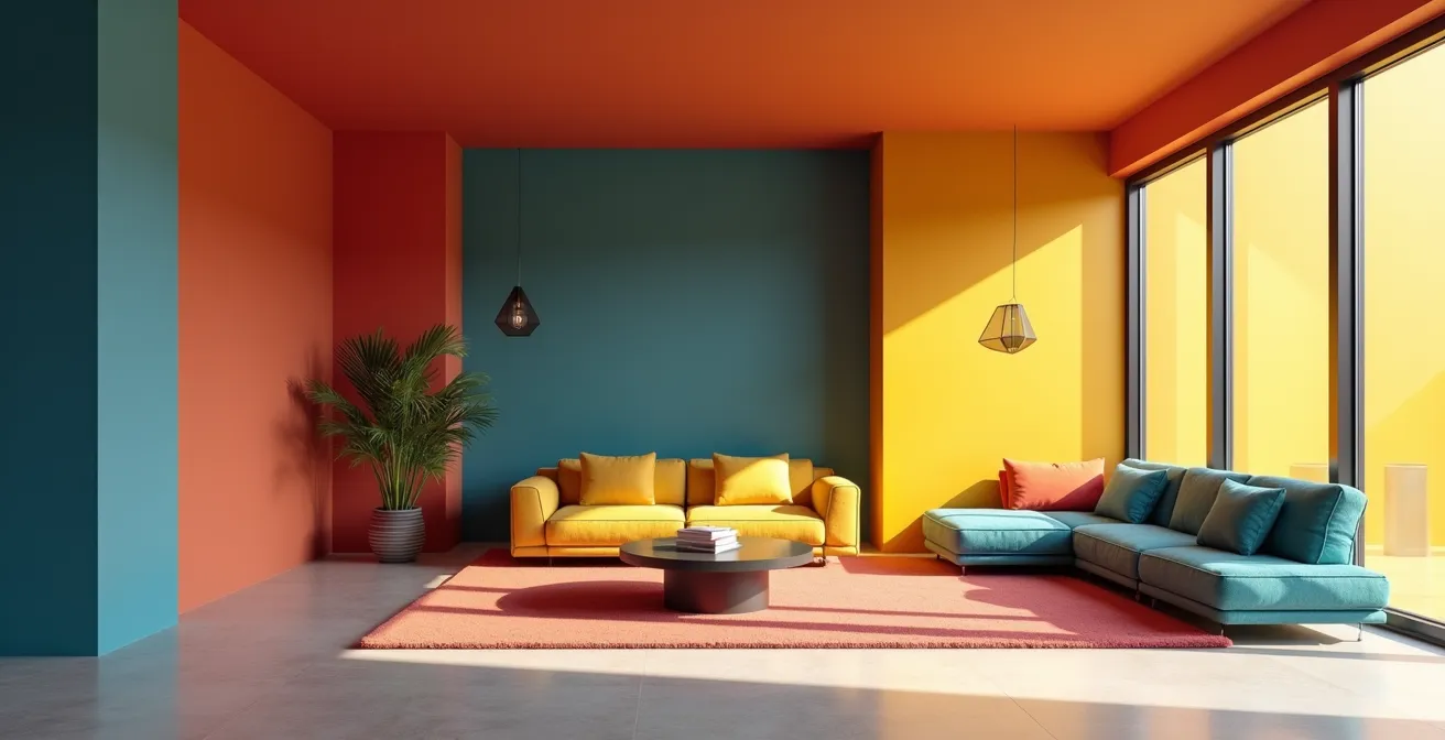 Intérieur contemporain avec color block géométrique couvrant murs, plafond et mobilier