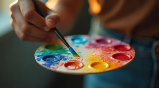 Une main humaine tenant un pinceau qui peint une palette de couleurs flottante, symbolisant la création active et personnalisée de palettes chromatiques.