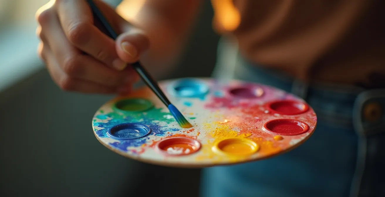 Une main humaine tenant un pinceau qui peint une palette de couleurs flottante, symbolisant la création active et personnalisée de palettes chromatiques.