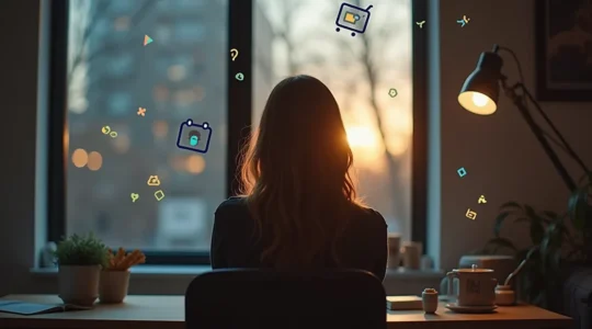 Une personne réfléchissant sereinement devant plusieurs choix, symbolisant la prise de décision éclairée sans épuisement mental, ambiance moderne au Canada.