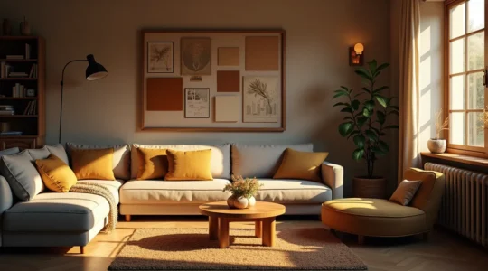 Intérieur chaleureux avec éléments décoratifs racontant une histoire personnelle, lumière douce et ambiance accueillante