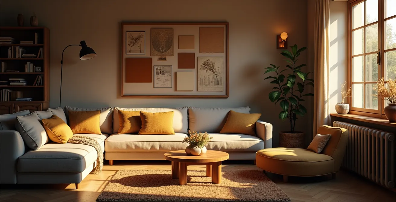 Intérieur chaleureux avec éléments décoratifs racontant une histoire personnelle, lumière douce et ambiance accueillante