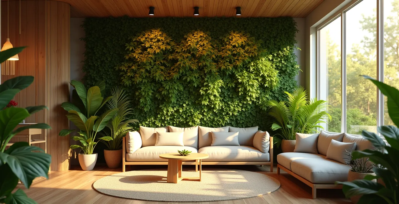Espace intérieur avec mur végétal, plantes, lumière naturelle dynamique et éléments sensoriels pour bien-être