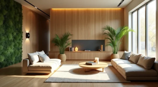 Illustration montrant un intérieur moderne canadien combinant design durable, haute technologie et éléments naturels