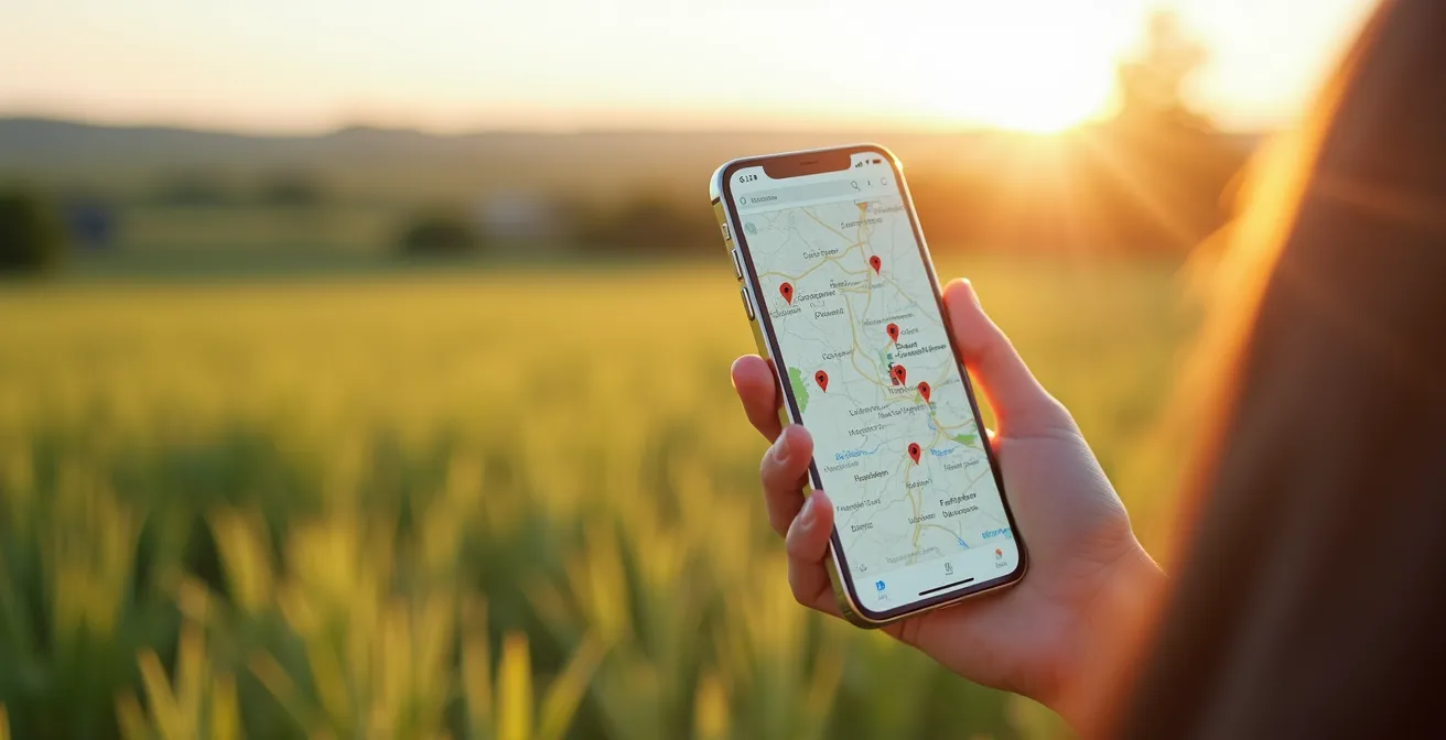 Une personne consulte son téléphone portable sur lequel s'affiche une carte avec des géotags de producteurs locaux, symbolisant la recherche numérique d'artisans.