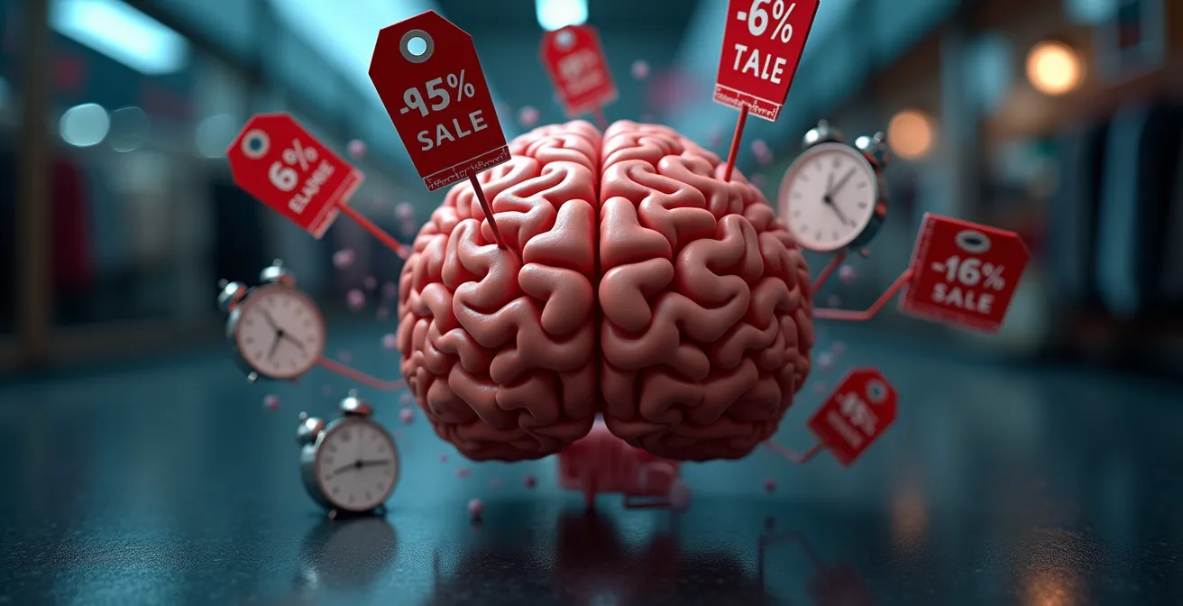 Visuel illustrant la lutte contre l'influence du neuromarketing lors d'achats impulsifs, avec représentation symbolique d'un cerveau et des promotions marketing.