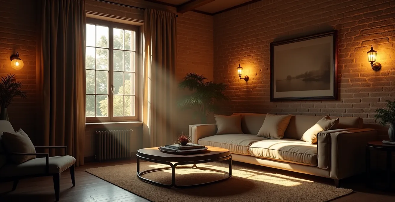 Intérieur avec différentes sources lumineuses superposées créant une ambiance chaleureuse et texturée