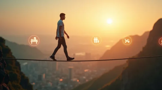 Une personne équilibrant sur un fil avec plusieurs symboles représentant la vie professionnelle, la famille, la santé et les loisirs autour d'elle