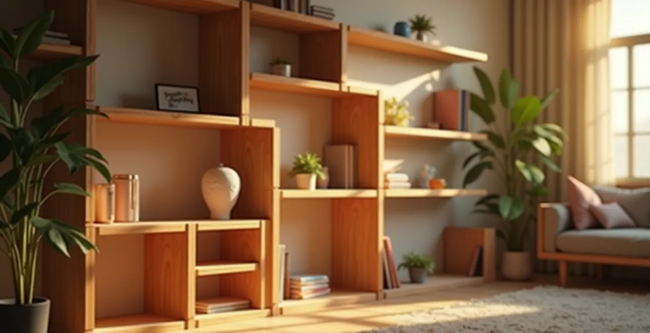 Système d'étagères modulables évolutives en bois clair, montrant différentes configurations et modules, illustrant la flexibilité et la durabilité dans le temps.