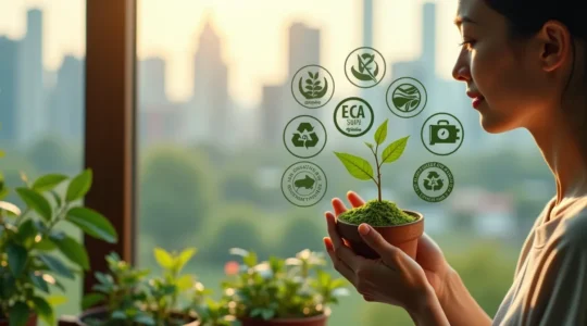 Un consommateur éclairé au Canada analysant différents labels de produits avec un fond symbolisant la durabilité et la responsabilité