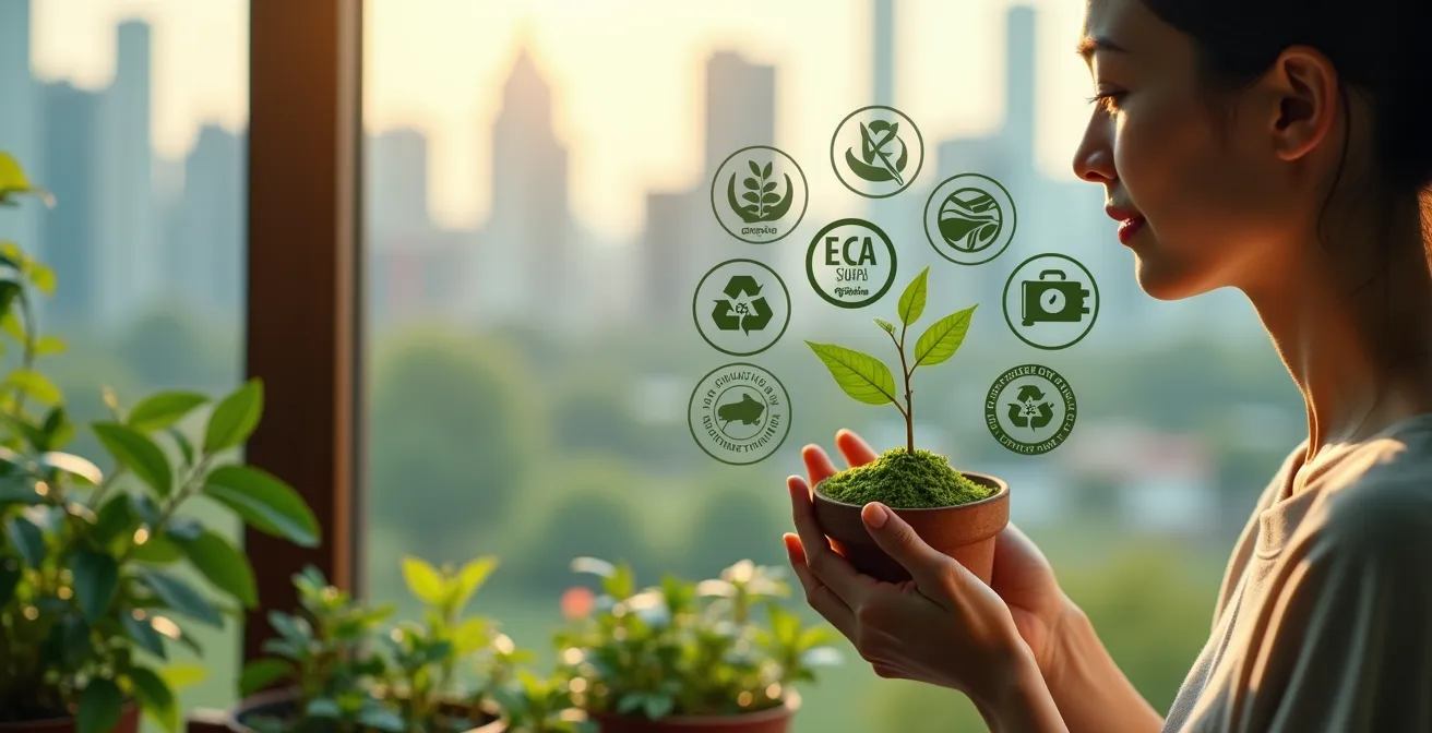Un consommateur éclairé au Canada analysant différents labels de produits avec un fond symbolisant la durabilité et la responsabilité