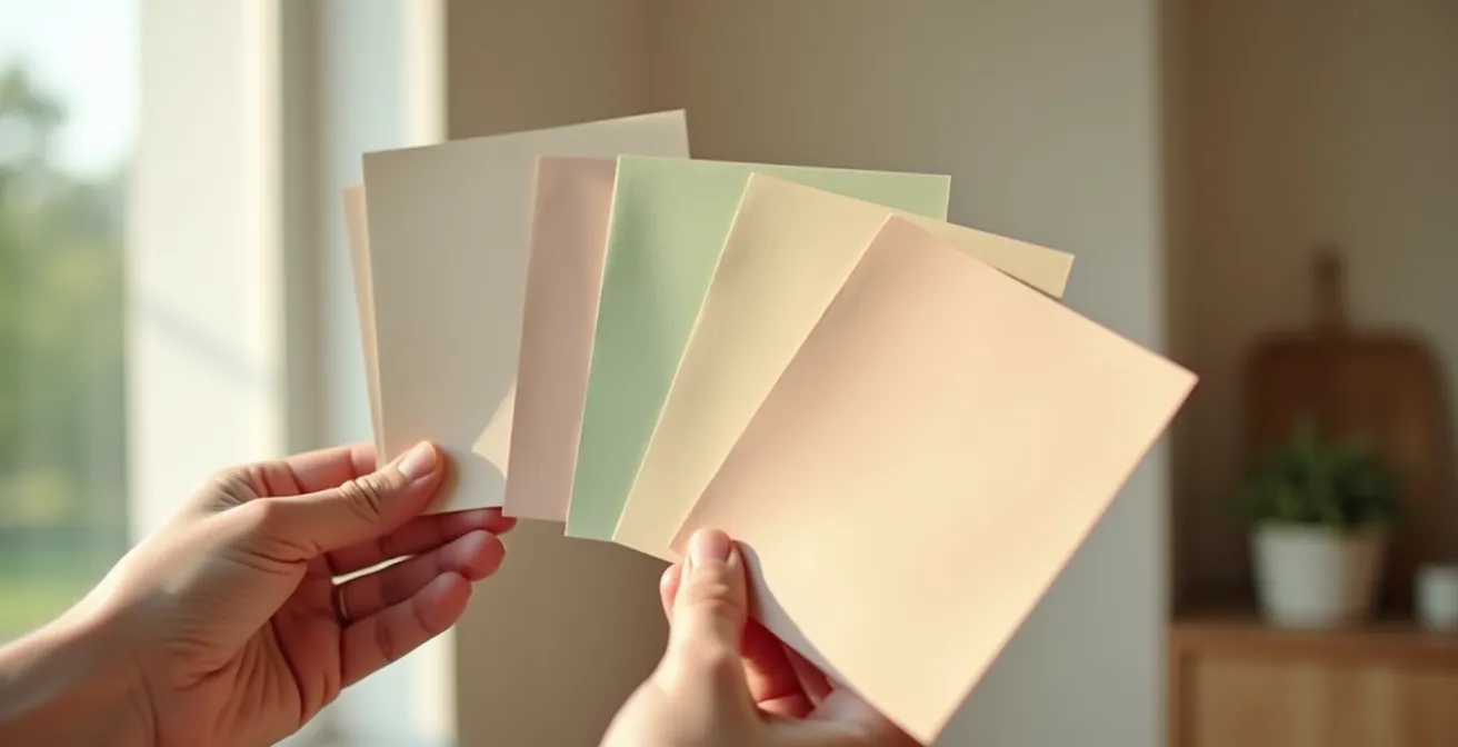 Carton de test avec différentes nuances de blanc sous diverses lumières, dans une pièce lumineuse