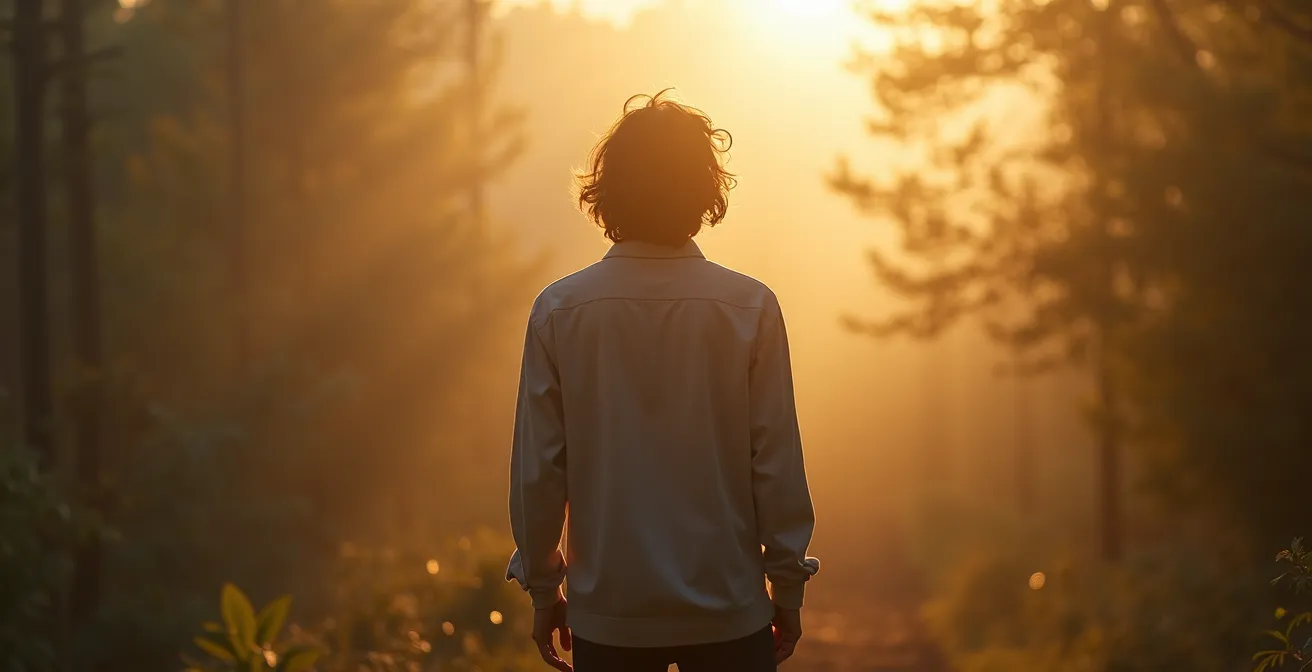 Une personne moderne et consciente au centre, entourée d'éléments symbolisant l'équilibre entre vie personnelle authentique et influences sociales modernes