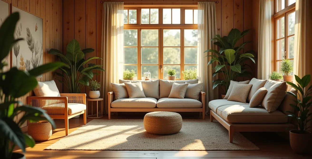Intérieur moderne avec intégration d'éléments naturels et textures variées pour un bien-être mental optimal