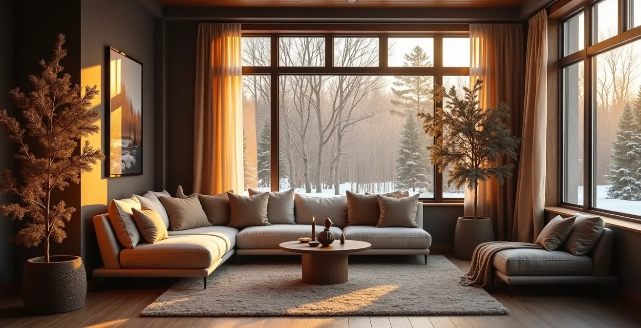 Intérieur chaleureux et design au Canada avec des éléments naturels et une ambiance hivernale accueillante