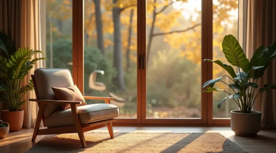 Un intérieur chaleureux et apaisant au Canada, montrant un salon lumineux et accueillant avec des éléments naturels et une ambiance de sanctuaire.