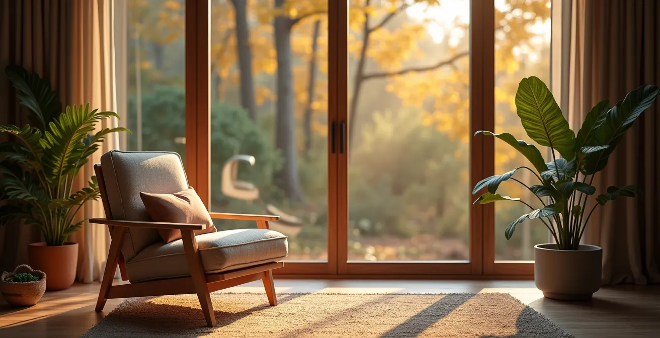 Un intérieur chaleureux et apaisant au Canada, montrant un salon lumineux et accueillant avec des éléments naturels et une ambiance de sanctuaire.