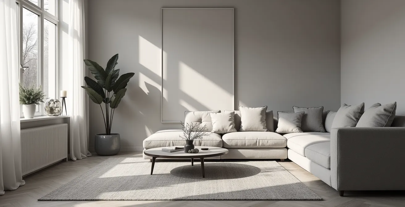 Intérieur monochrome avec superposition de textures différentes sur fauteuils, tapis et rideaux