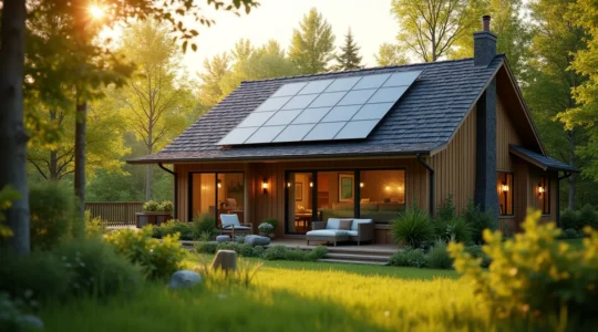 Image d'une maison canadienne entourée d'éléments naturels symbolisant l'économie d'énergie et la protection de la planète