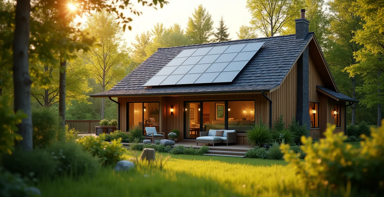 Image d'une maison canadienne entourée d'éléments naturels symbolisant l'économie d'énergie et la protection de la planète