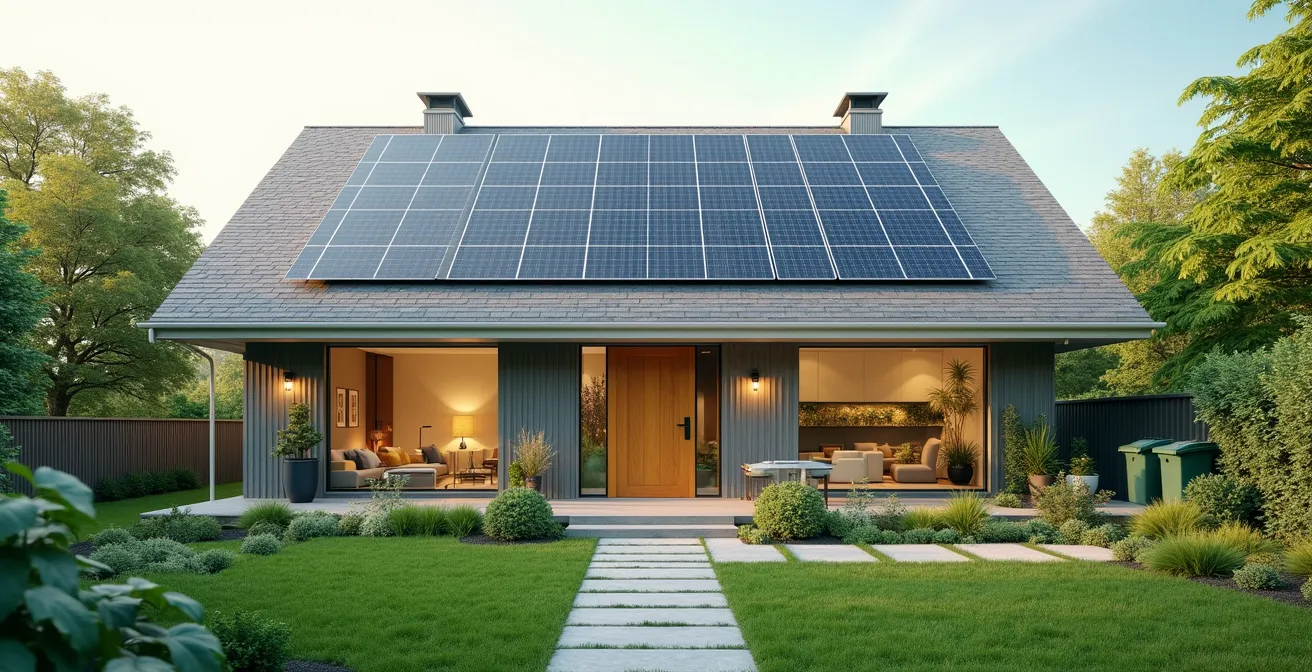 Vue d'une maison canadienne écologique avec panneaux solaires, jardin vert, système de récupération d'eau de pluie et espace de tri des déchets