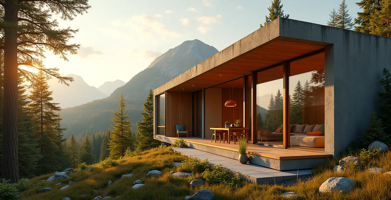 Maison écologique moderne construite avec des matériaux durables, intégrée dans un environnement naturel canadien verdoyant