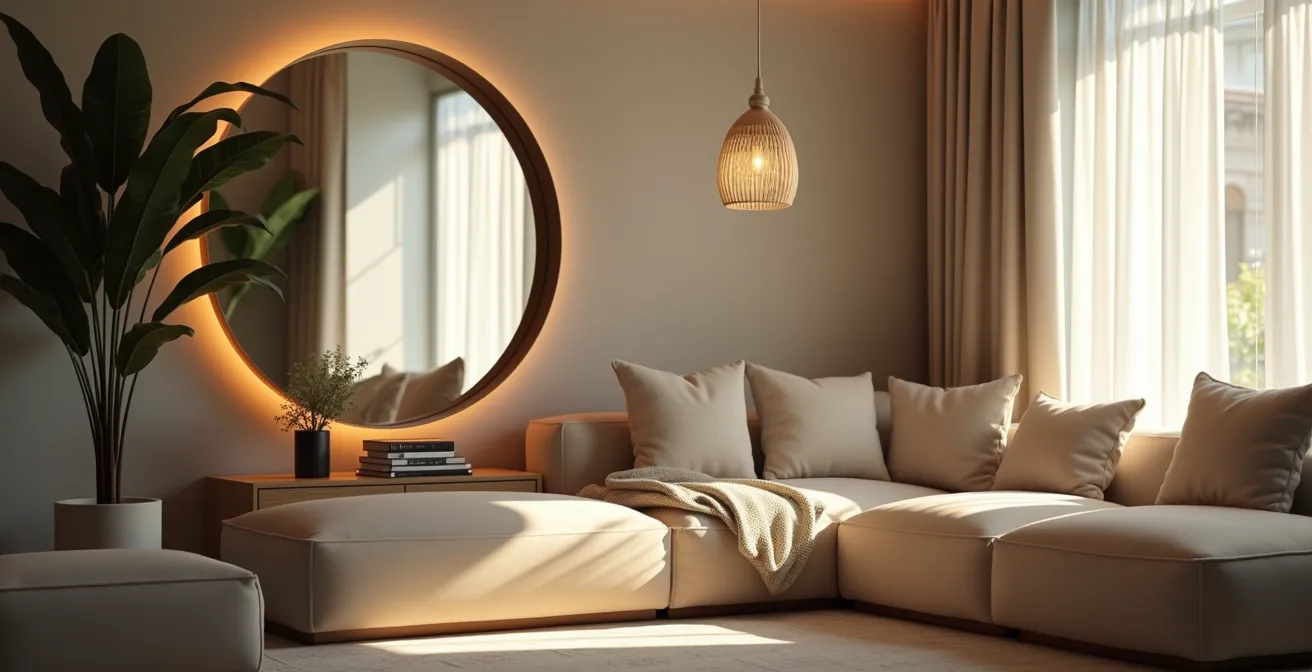Intérieur avec un miroir convexe sophistiqué reflétant la lumière naturelle et agrandissant visuellement la pièce