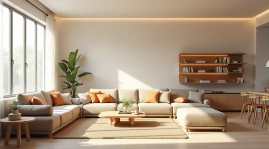 Un intérieur de maison moderne montrant un salon avec un mobilier modulable et transformable, symbolisant l'adaptabilité et la flexibilité de l'espace de vie.