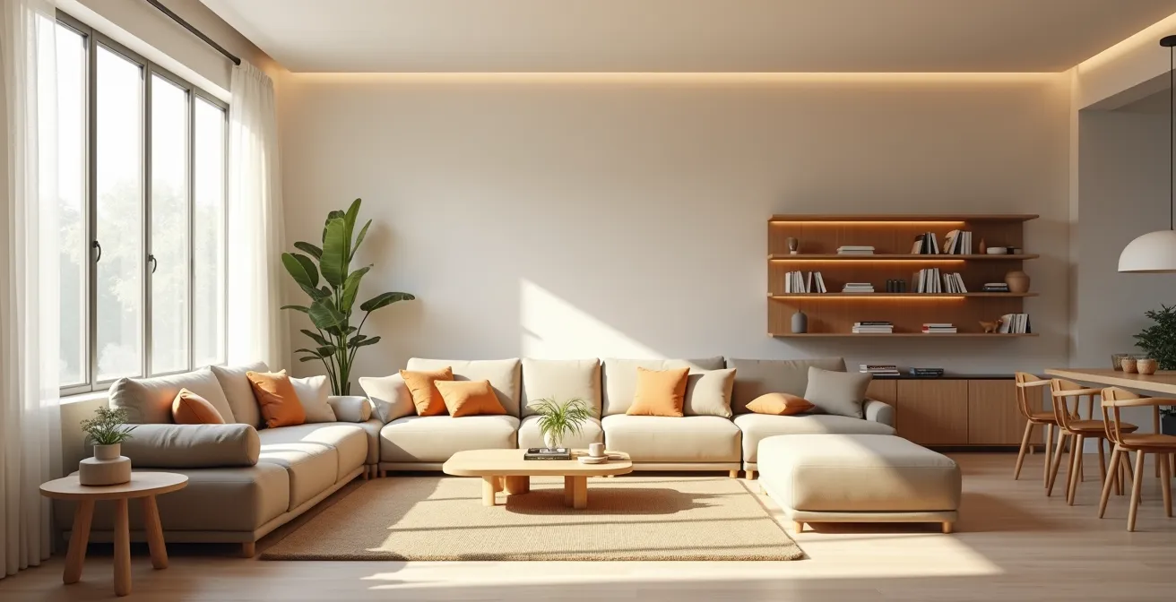 Un intérieur de maison moderne montrant un salon avec un mobilier modulable et transformable, symbolisant l'adaptabilité et la flexibilité de l'espace de vie.