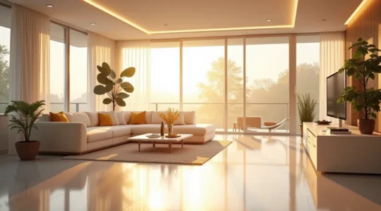 Intérieur moderne et lumineux avec sources de lumière naturelles et artificielles, ambiance chaleureuse et claire