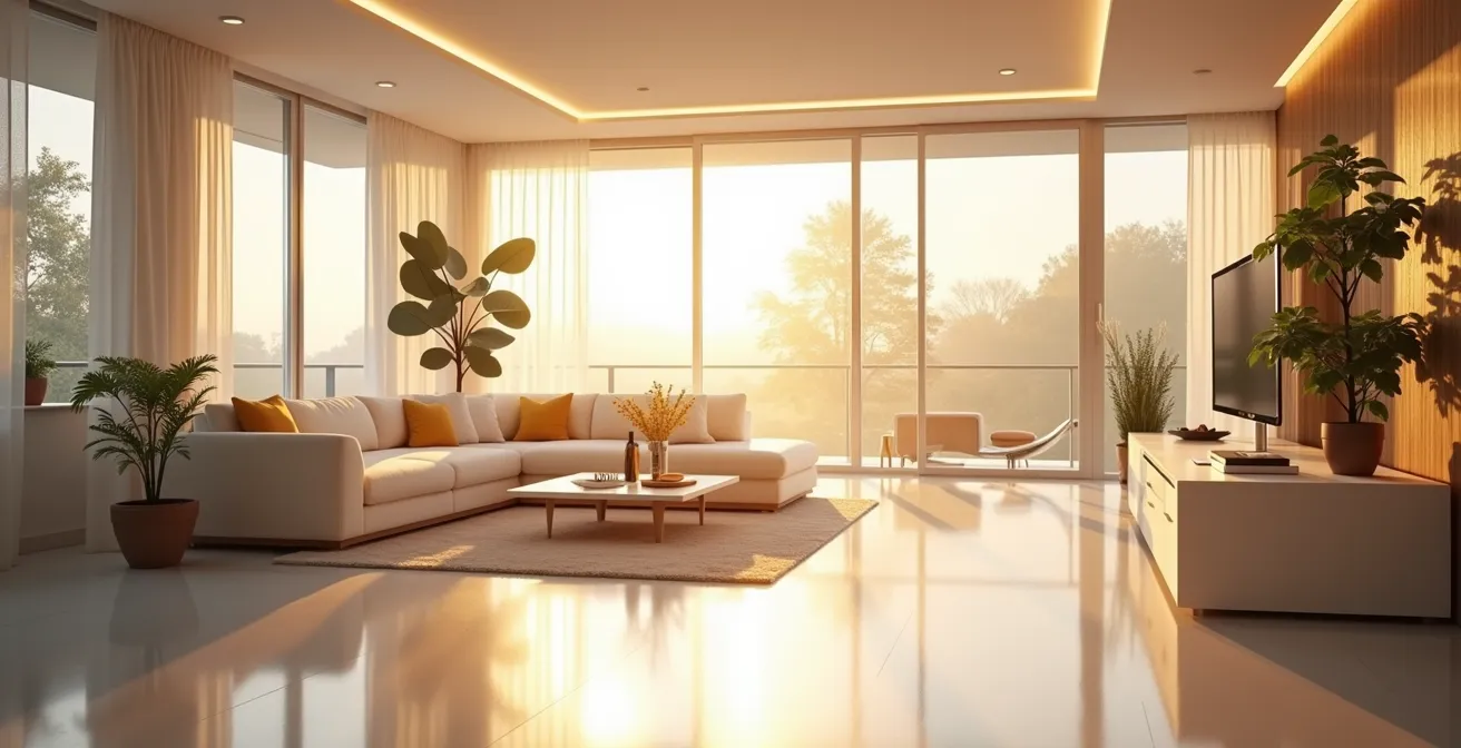 Intérieur moderne et lumineux avec sources de lumière naturelles et artificielles, ambiance chaleureuse et claire