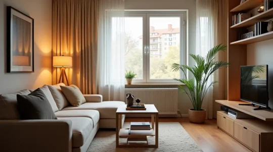 Intérieur d'un petit appartement au Canada optimisé avec des meubles multifonctions et un éclairage lumineux