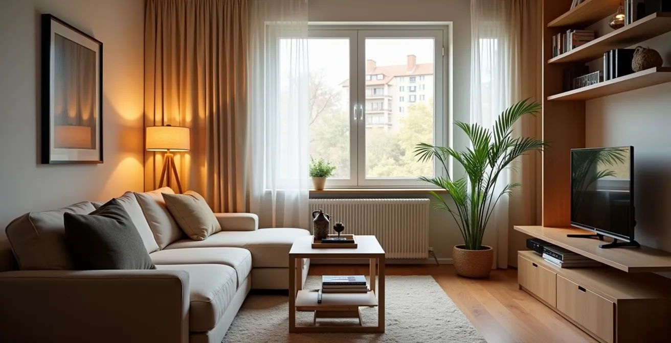 Intérieur d'un petit appartement au Canada optimisé avec des meubles multifonctions et un éclairage lumineux