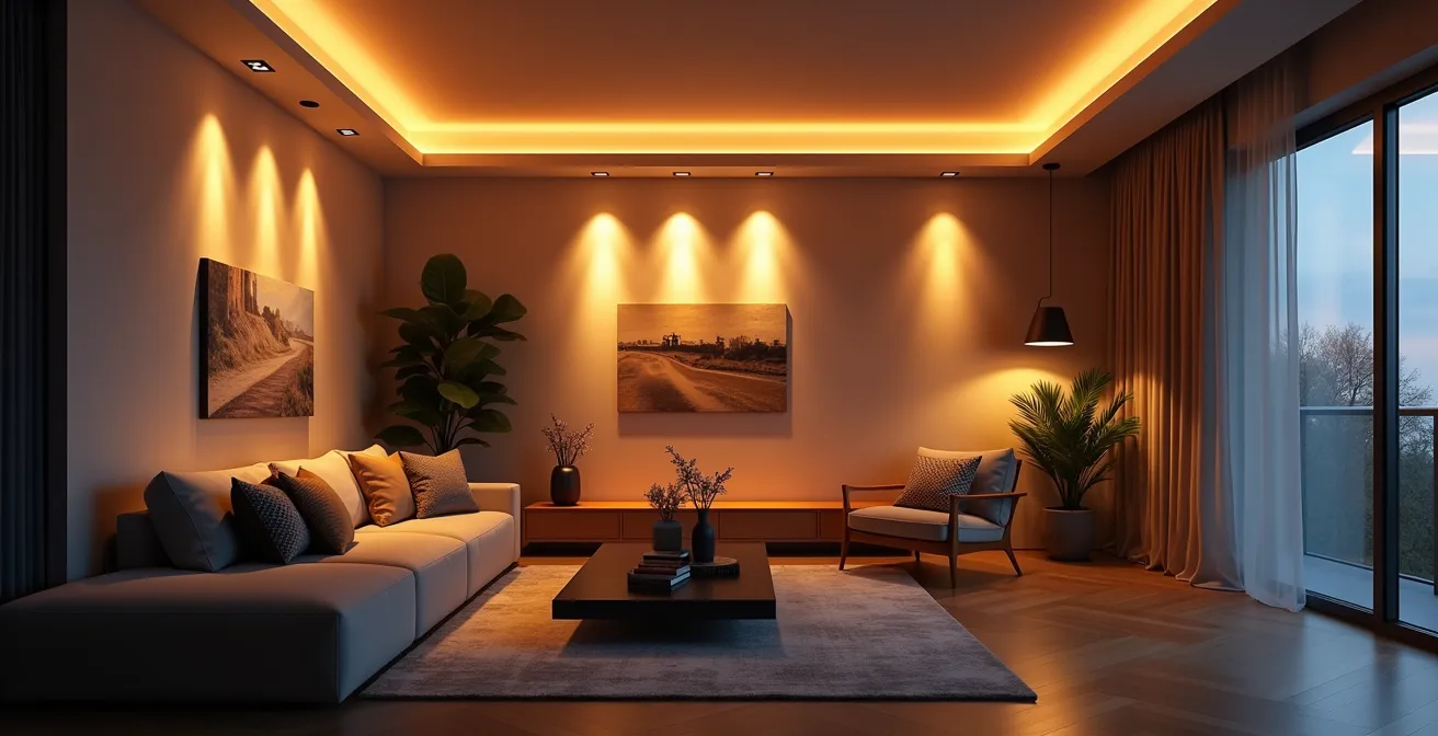 Plan d’éclairage d’un petit appartement avec éclairage multiple en couches pour agrandir l’espace