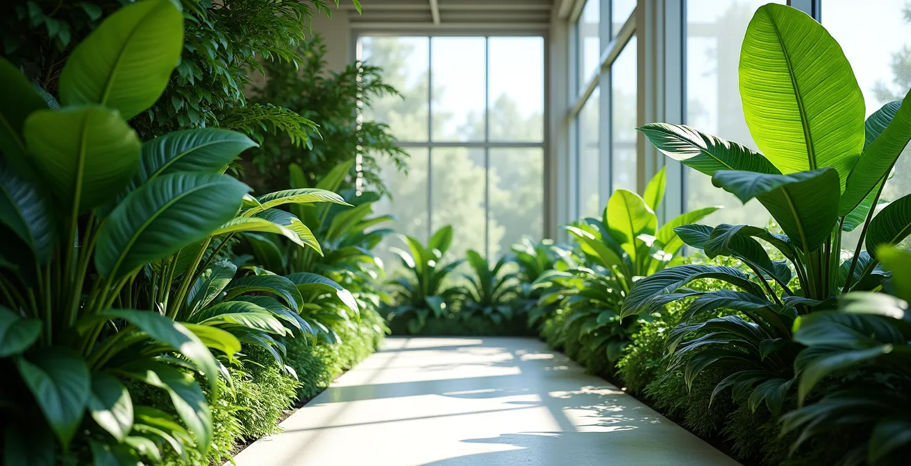 Intérieur moderne avec plantes vertes luxuriantes, motifs fractals visibles dans les feuilles, sculptures végétales délimitant des espaces