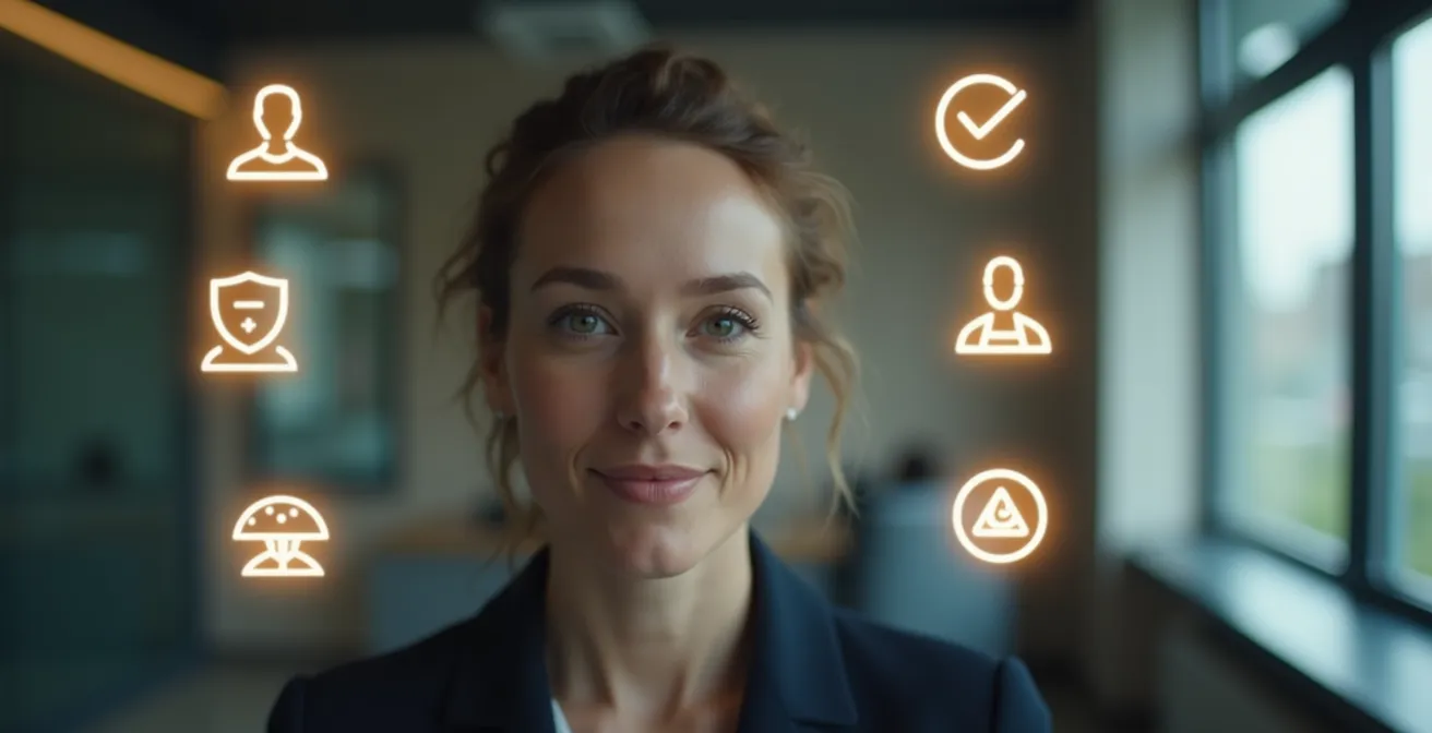 Un professionnel en posture calme et assertive, entouré d’icônes illustrant la technique du non-sandwich en communication