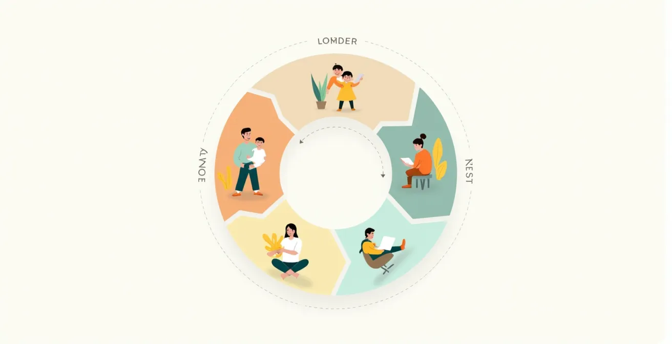 Diagramme symbolique représentant des saisons avec des icônes de travail, famille et projets personnels, illustrant la notion de priorité cyclique