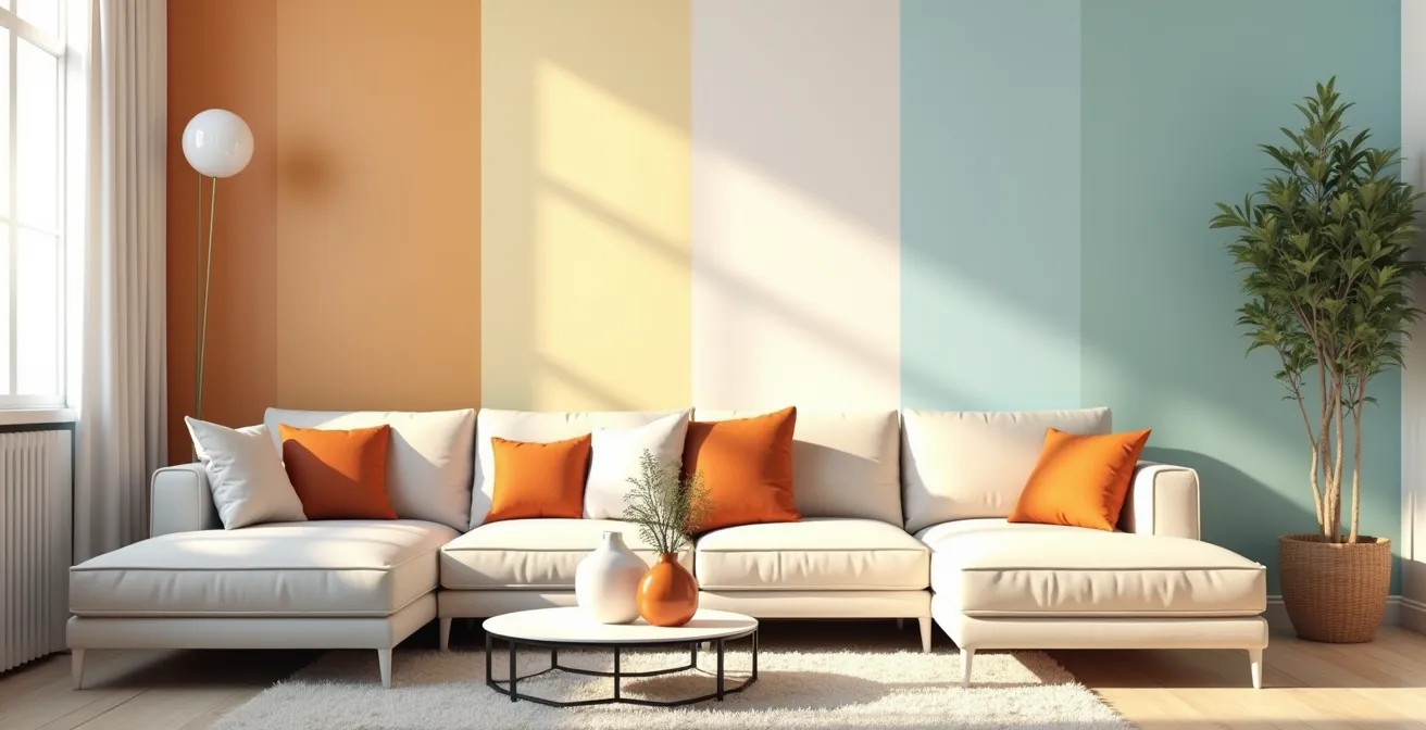 Une infographie illustrant une pièce de salon avec des zones colorées indiquant 60% pour les murs, 30% pour les meubles et 10% pour les accessoires.