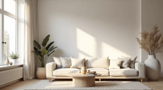 Intérieur élégant en tons neutres combinant blanc, beige et gris avec textures et lumière naturelle