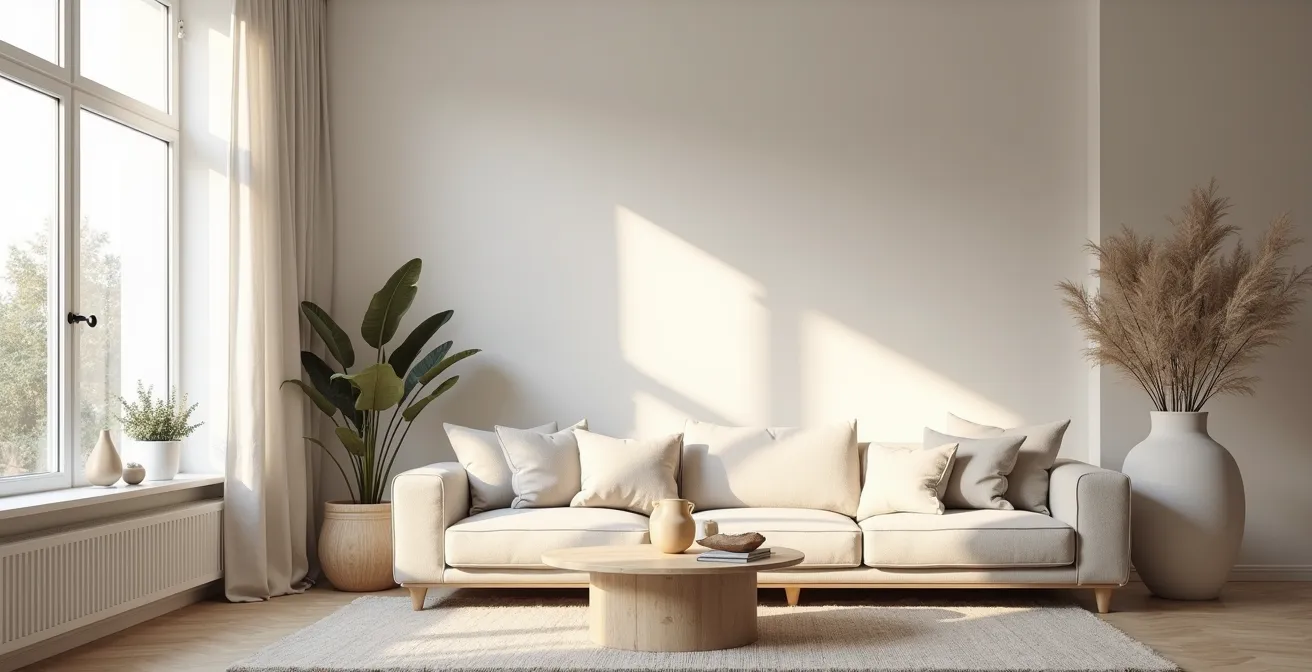 Intérieur élégant en tons neutres combinant blanc, beige et gris avec textures et lumière naturelle