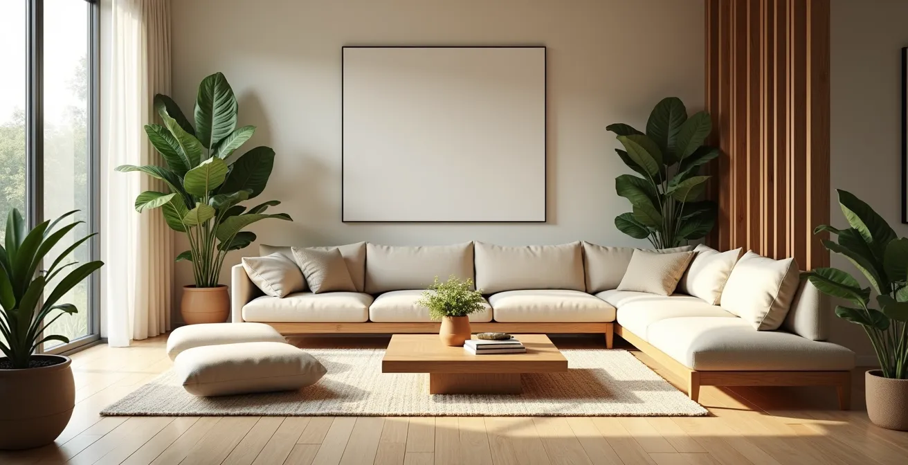 Aménagement intérieur fluide avec éléments naturels et disposition des meubles favorisant sécurité et interaction sociale