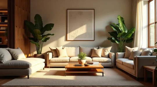 Une pièce intérieure chaleureuse et accueillante avec un agencement harmonieux de meubles, lumière douce et plantes vertes