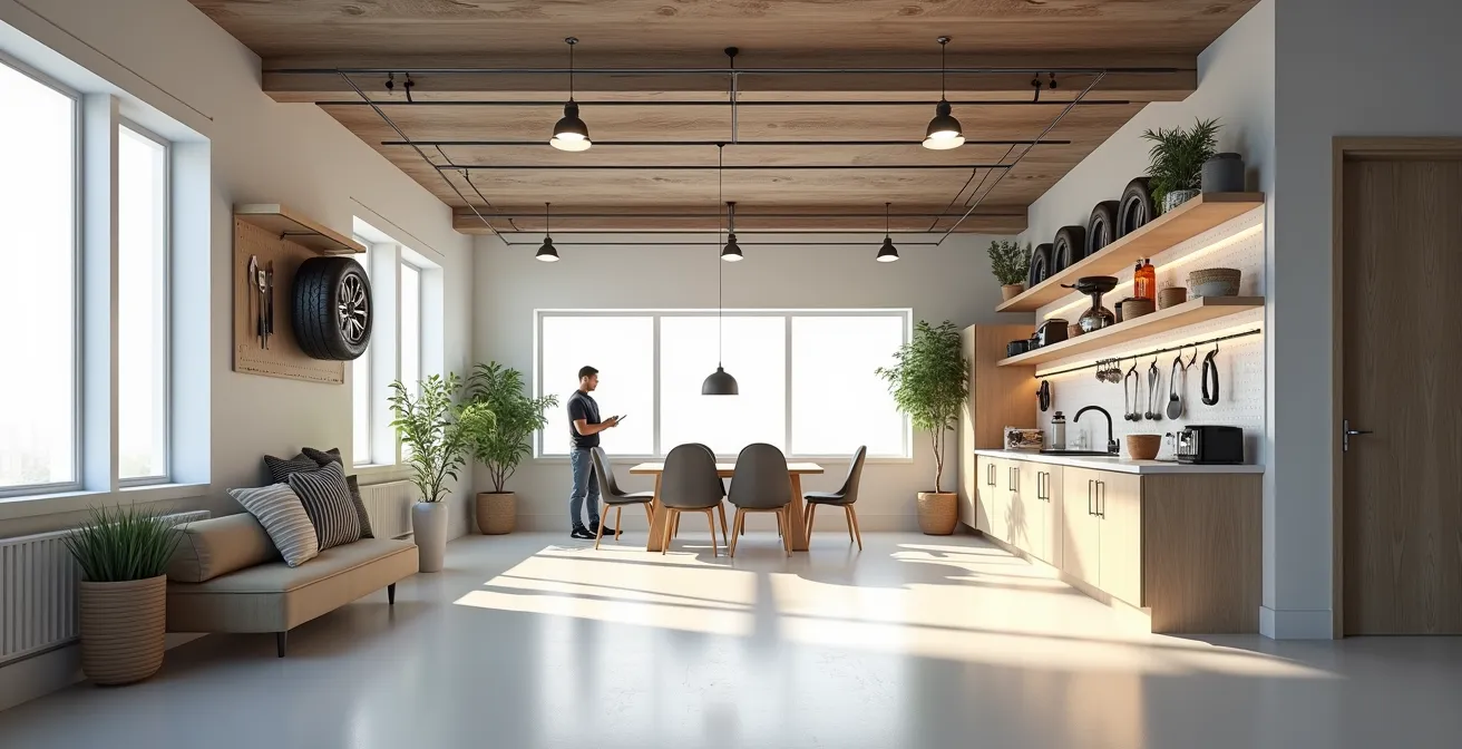 Vue d’un intérieur avec solutions de rangement verticales innovantes, étagères hautes et panneaux perforés