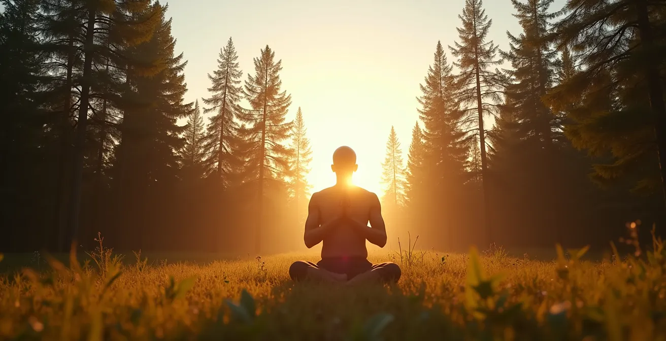 Personne pratiquant la respiration profonde dans une forêt canadienne pour activer le système parasympathique